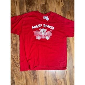 Gildan Angry Beaver Save A Tree Eat More Beaver Red Graphic T-Shirt Mens XL